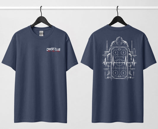Navy tee, front and back: small 'Varsity Cardio Club' chest logo, hockey player on bench over a rink and heartbeat line on back.