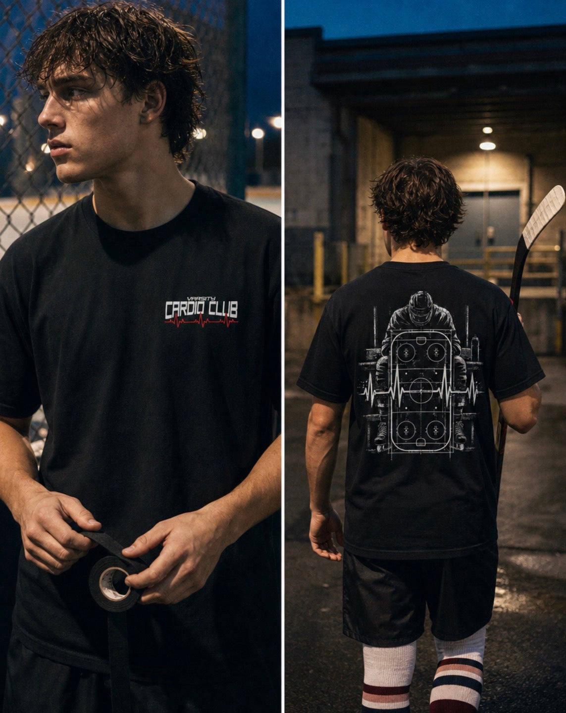 Hockey player outside a rink at dusk in a black tee: 'Varsity Cardio Club' chest logo, rink and heartbeat graphic on back.