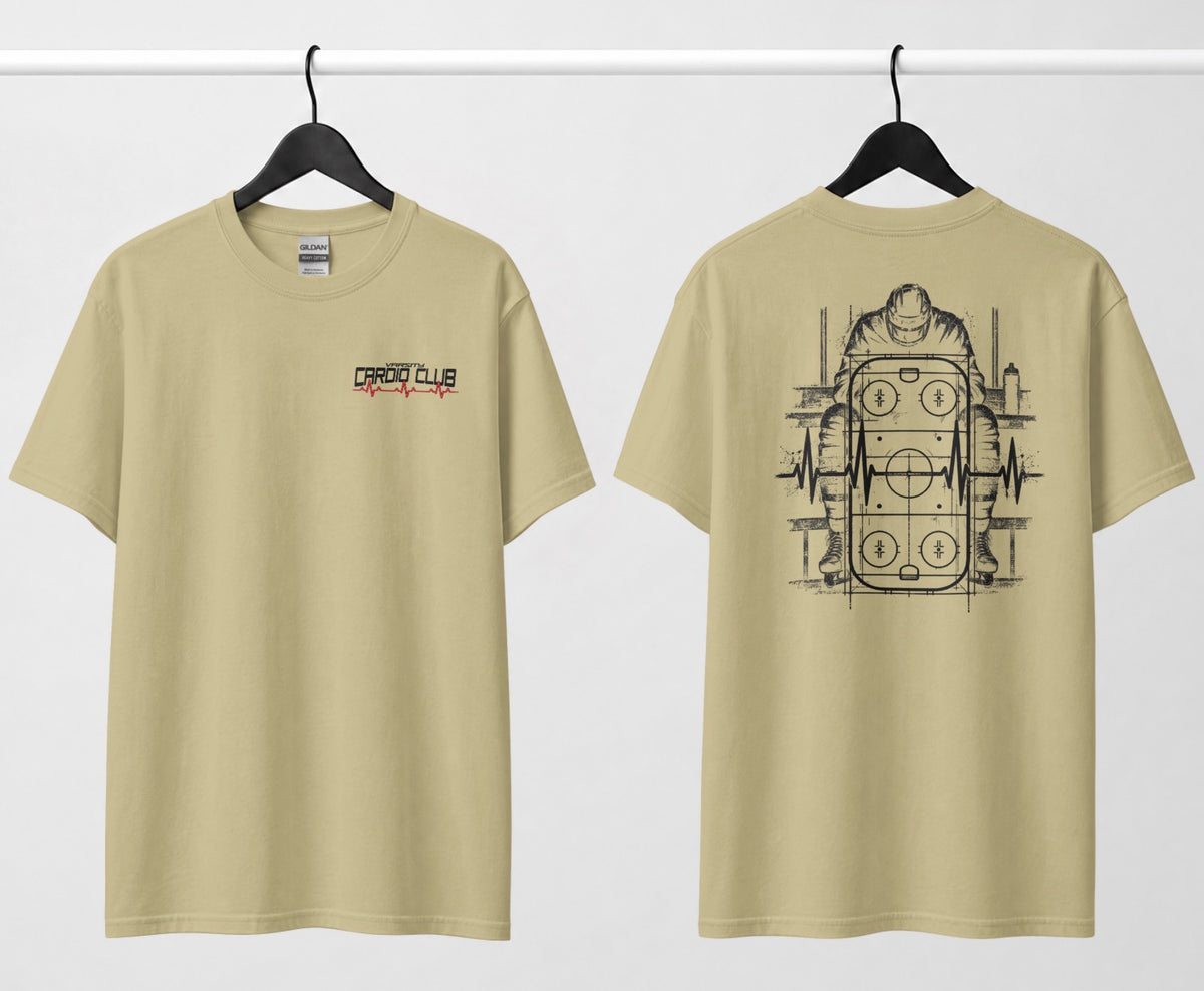 A sand color tee, front and back: small 'Varsity Cardio Club' chest logo, hockey player on bench over a rink and heartbeat line on back.