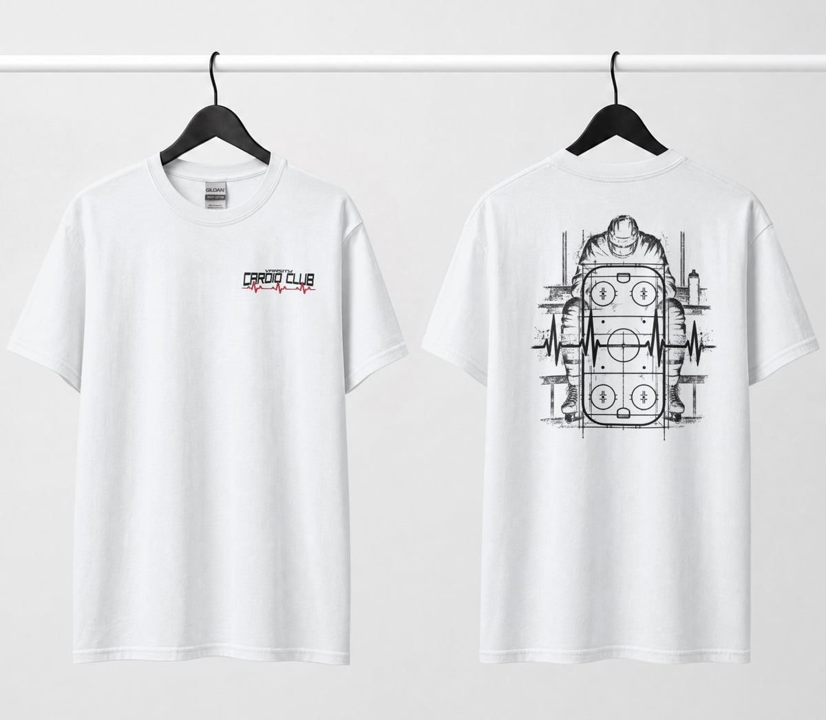 A white tee, front and back: small 'Varsity Cardio Club' chest logo, hockey player on bench over a rink and heartbeat line on back.