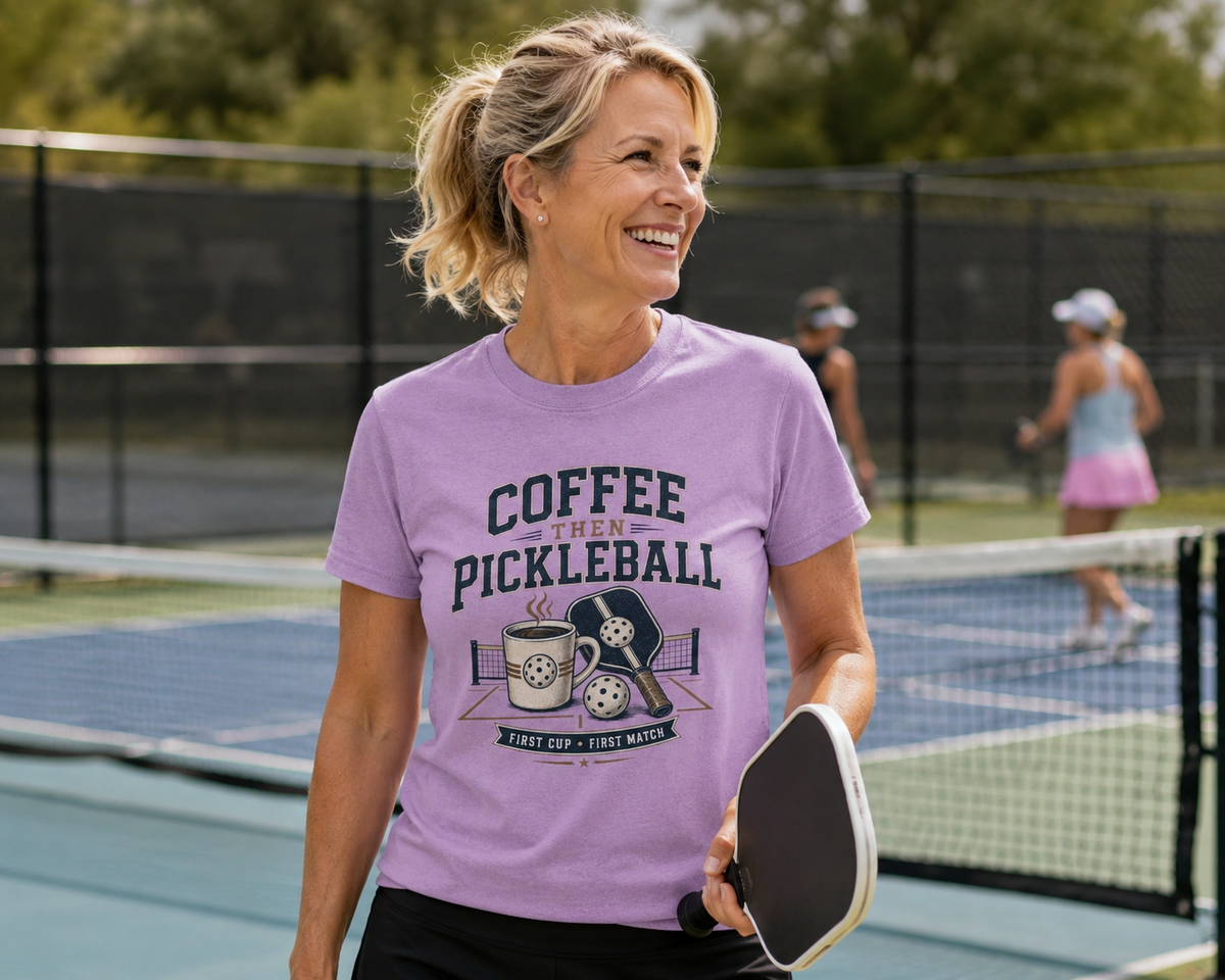 Lifestyle 2 — "Coffee Then Pickleball shirt lifestyle photo for pickleball enthusiasts"