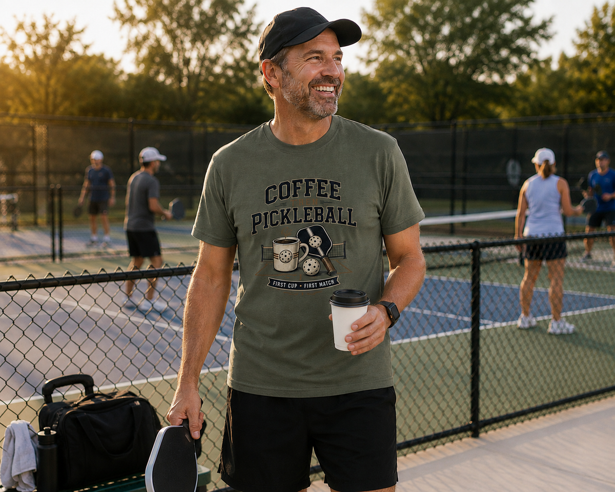 Lifestyle 4 — "Coffee Then Pickleball shirt lifestyle photo for pickleball players who love coffee"