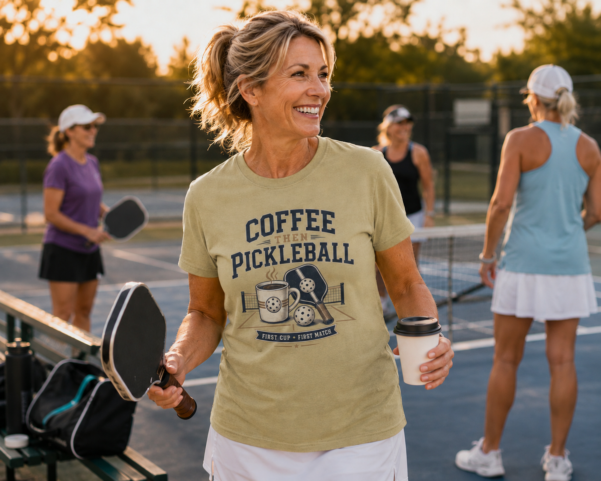 Lifestyle 5 — "Coffee Then Pickleball shirt lifestyle photo showing pickleball court style"