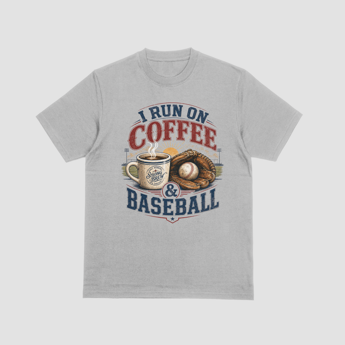 A grey crewneck Baseball graphic t-shirt featuring a coffee cup and baseball-themed graphic with the text “I RUN ON COFFEE & BASEBALL” and an illustration of a coffee mug, baseball, and glove.