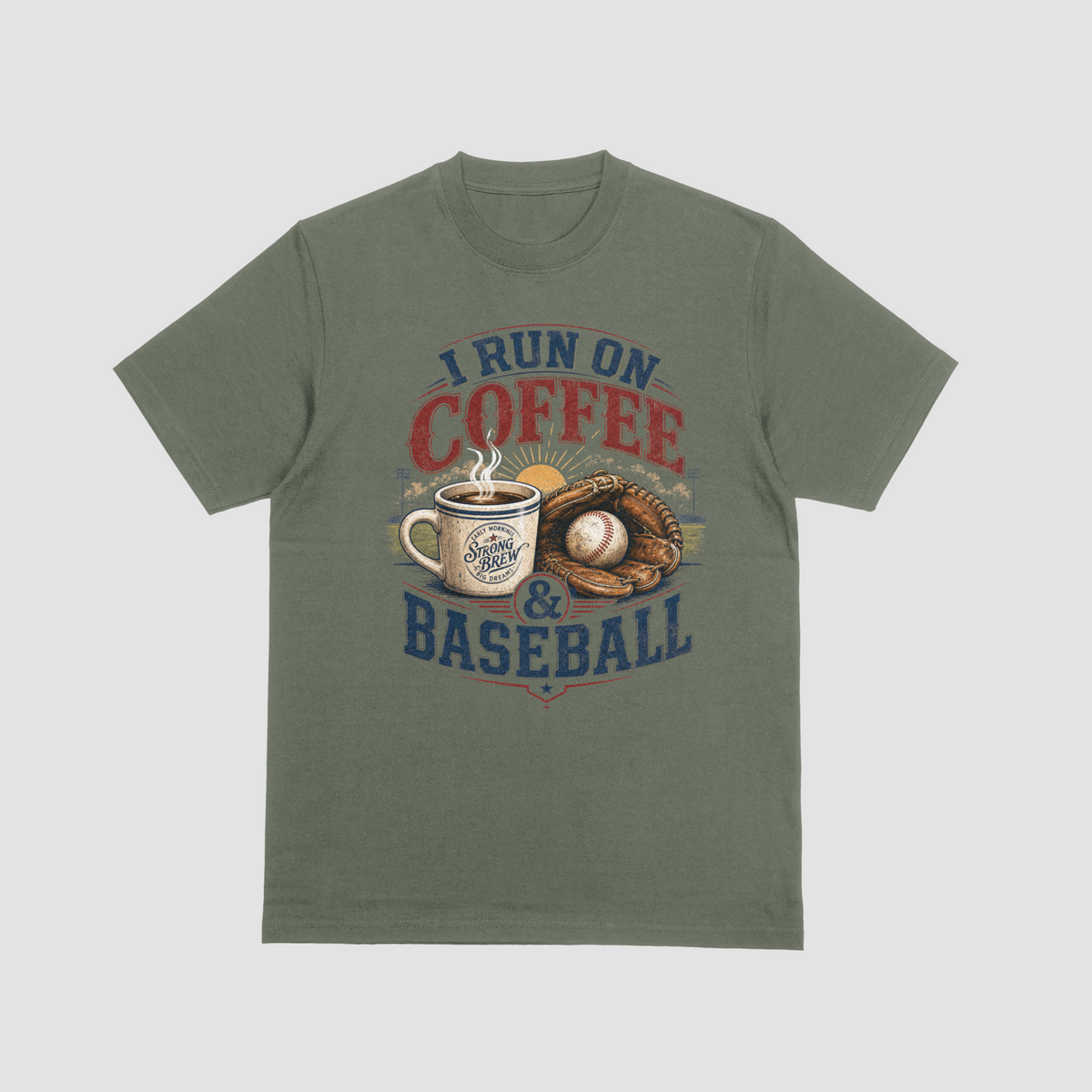 A military green crewneck Baseball graphic t-shirt featuring a coffee cup and baseball-themed graphic with the text “I RUN ON COFFEE & BASEBALL” and an illustration of a coffee mug, baseball, and glove.
