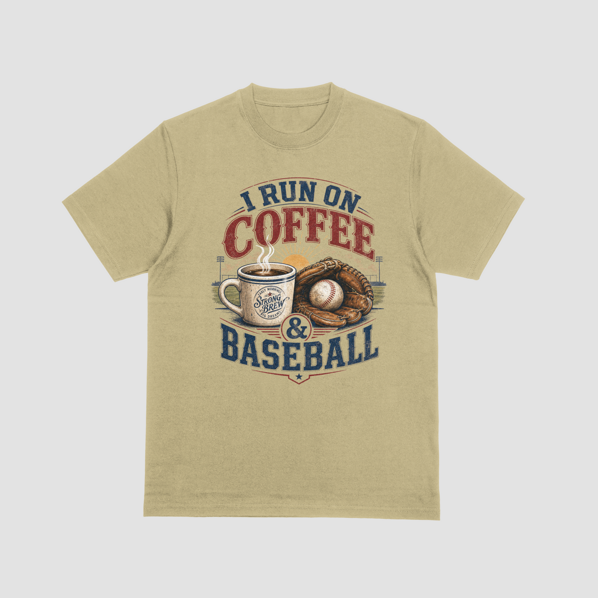 A Sand Color crewneck Baseball t-shirt featuring a coffee cup and baseball-themed graphic with the text “I RUN ON COFFEE & BASEBALL” and an illustration of a coffee mug, baseball, and glove.