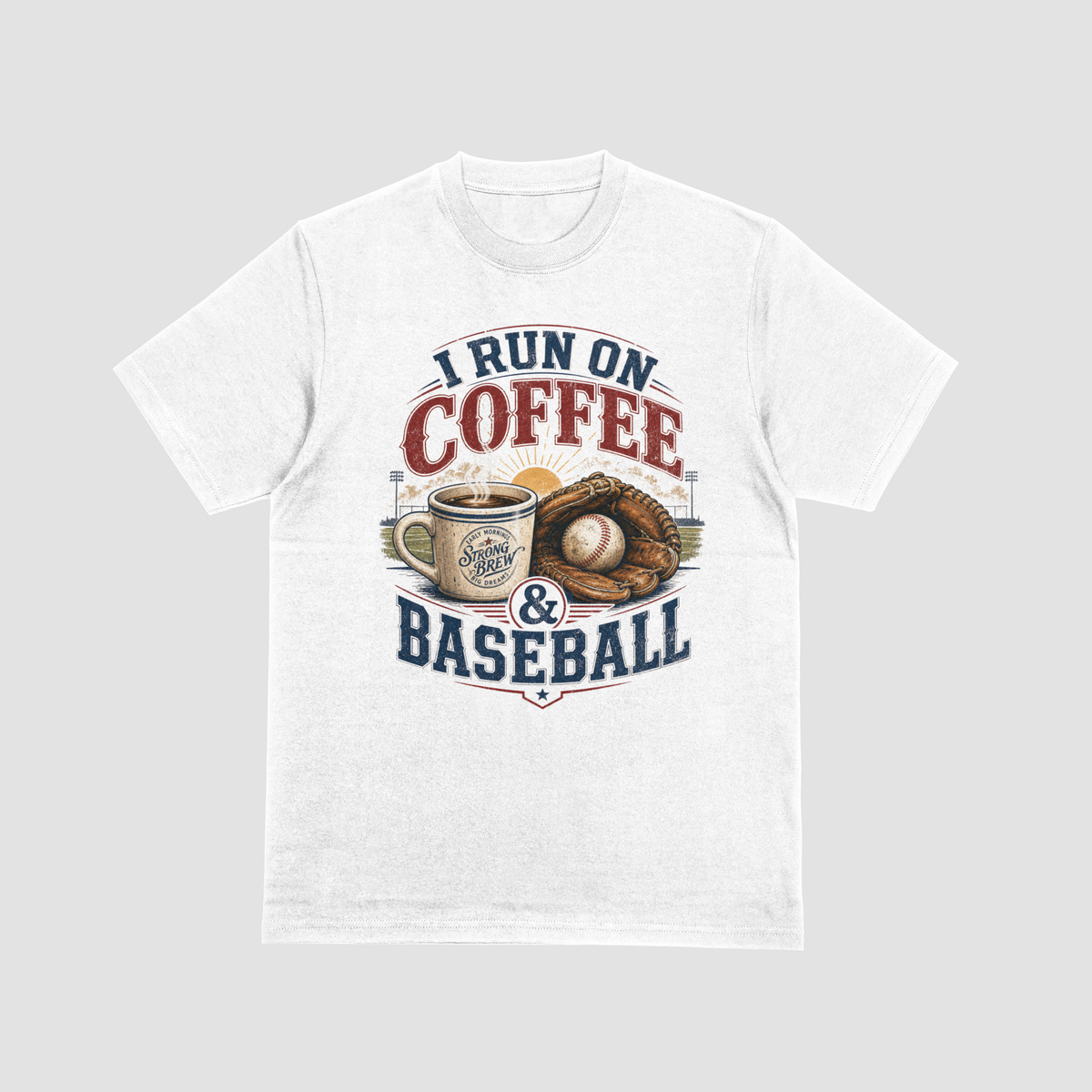 A white crewneck Baseball graphic t-shirt featuring a coffee cup and baseball-themed graphic with the text “I RUN ON COFFEE & BASEBALL” and an illustration of a coffee mug, baseball, and glove.