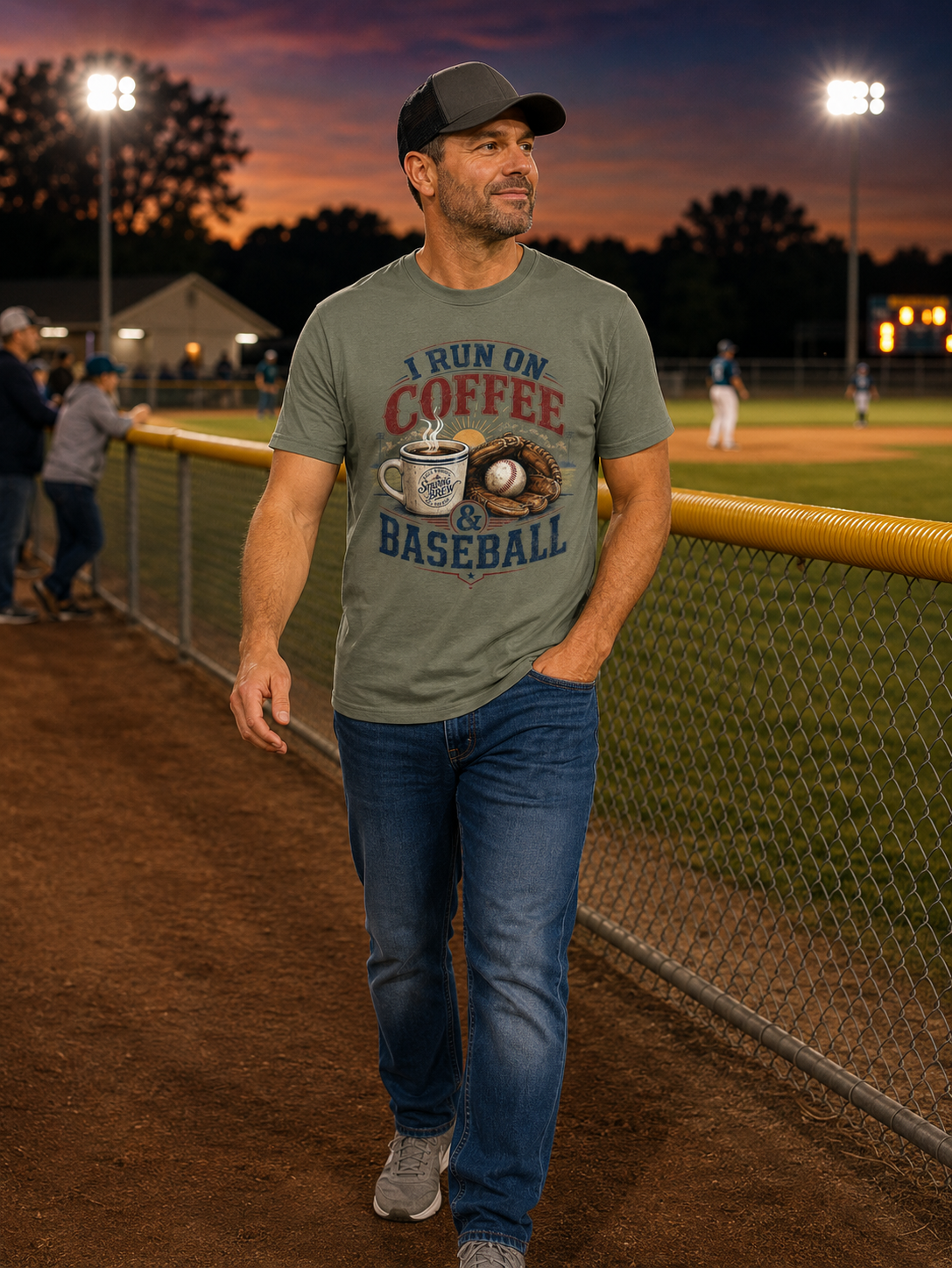 A man walking on a baseball field dirt path at dusk, wearing a military green crewneck Baseball graphic t-shirt featuring a coffee cup and baseball-themed graphic with the text “I RUN ON COFFEE & BASEBALL” and an illustration of a coffee mug, baseball, and glove.