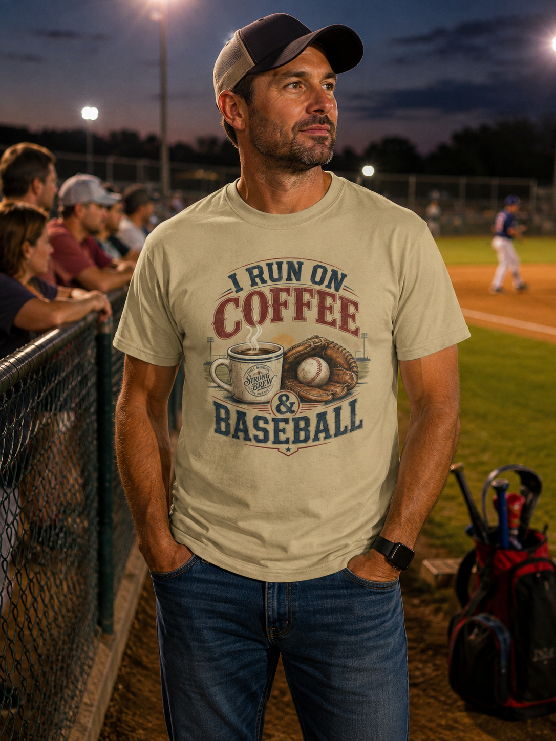 A man wearing a sand color crewneck Baseball graphic t-shirt featuring a coffee cup and baseball-themed graphic with the text “I RUN ON COFFEE & BASEBALL” and an illustration of a coffee mug, baseball, and glove, standing on a baseball field at dusk.