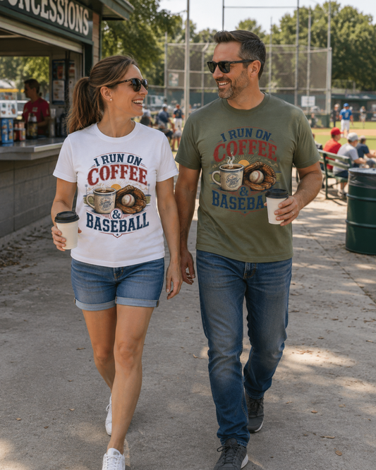 A man and a woman walking hand-in-hand at a baseball game, wearing matching graphic t-shirts. The woman's white & man's military green crewneck Baseball t-shirt featuring a coffee cup and baseball-themed graphic with the text “I RUN ON COFFEE & BASEBALL” and an illustration of a coffee mug, baseball, and glove.