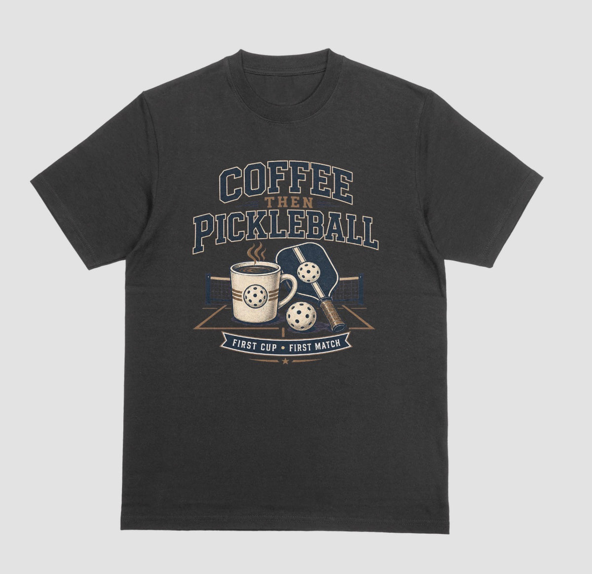 Black — "Coffee Then Pickleball t-shirt in black with distressed coffee and pickleball graphic"