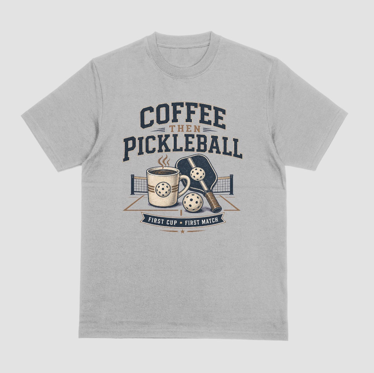 Gray — "Coffee Then Pickleball t-shirt in gray with distressed coffee and pickleball graphic"
