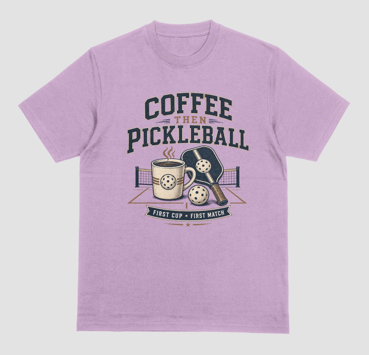 Lilac — "Coffee Then Pickleball t-shirt in lilac with distressed coffee and pickleball graphic"