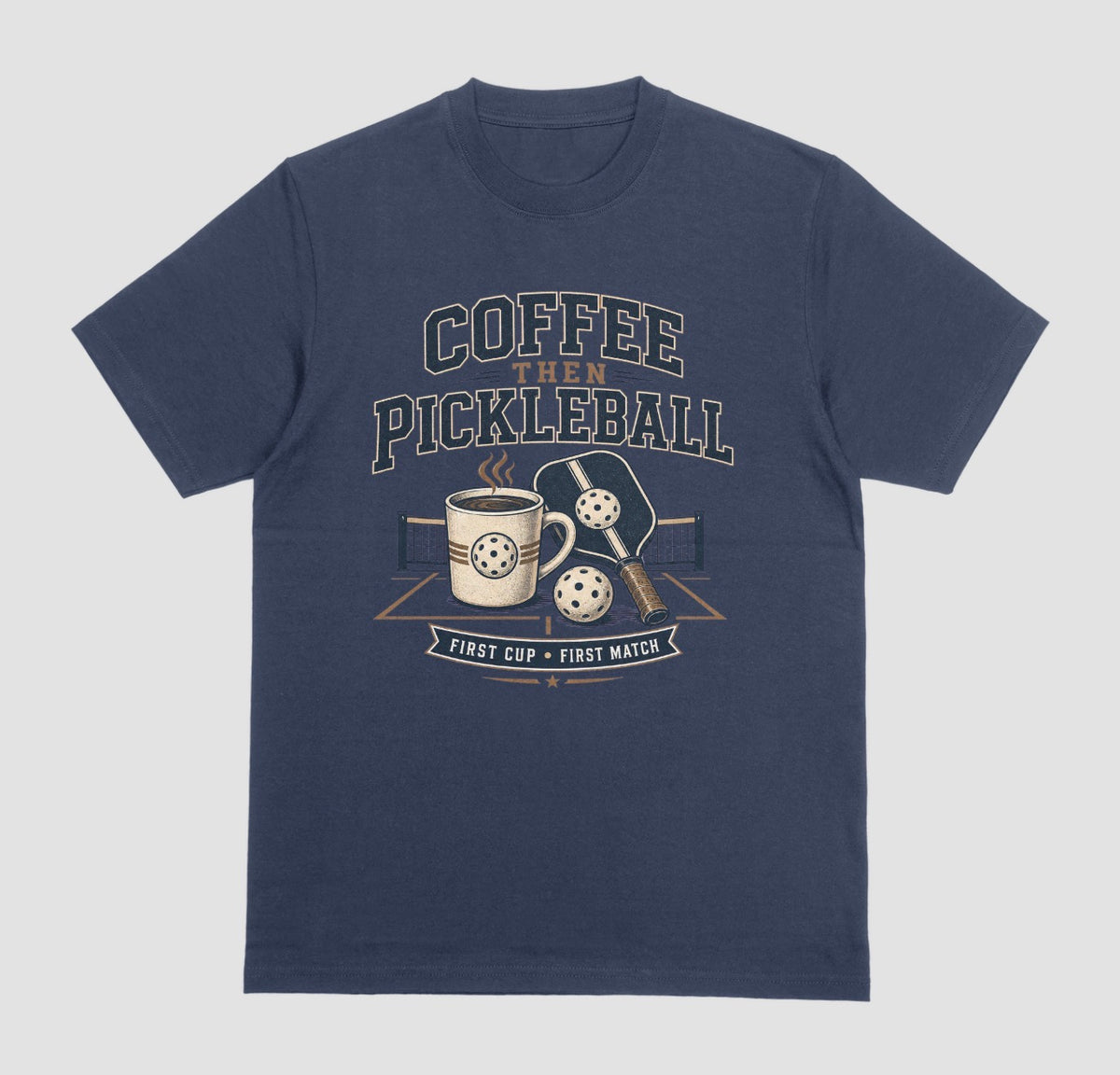 Navy — "Coffee Then Pickleball t-shirt in navy with distressed coffee and pickleball graphic"