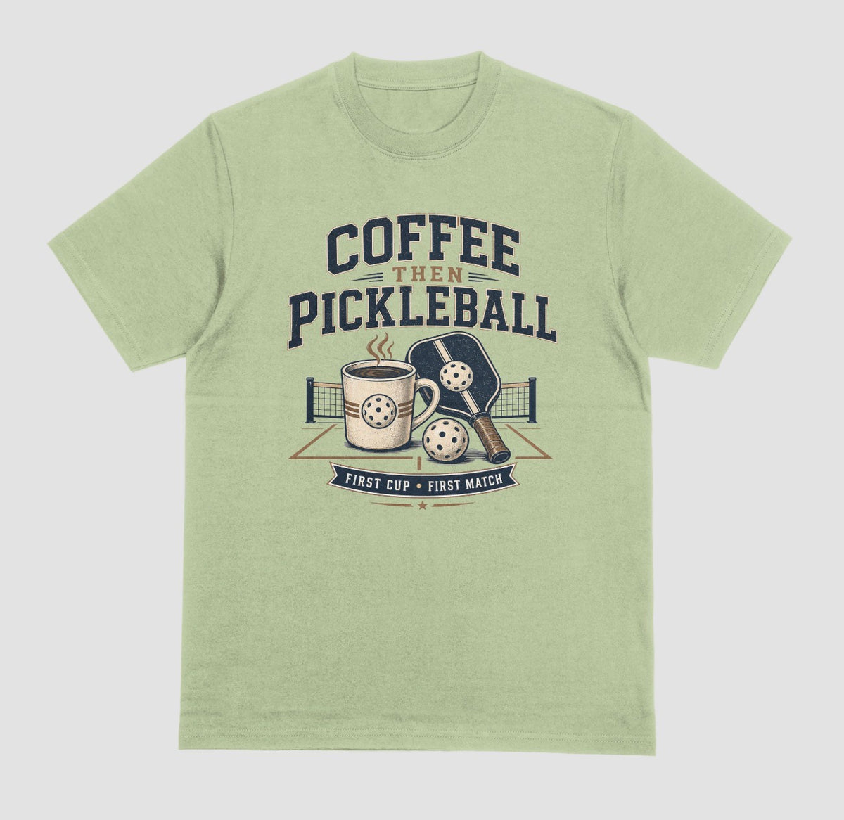 Pistachio — "Coffee Then Pickleball t-shirt in pistachio with distressed coffee and pickleball graphic"
