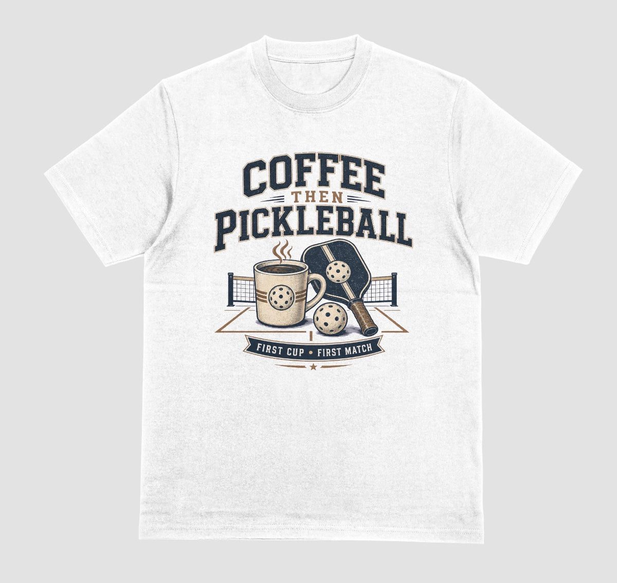 White — "Coffee Then Pickleball t-shirt in white with distressed coffee and pickleball graphic"