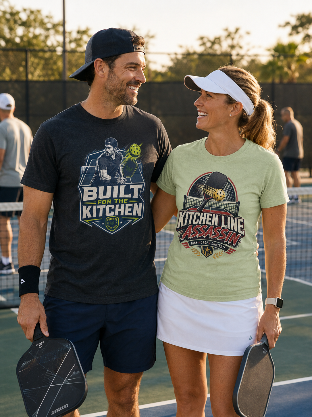 A man and a woman standing on a pickleball court wearing Built for the Kitchen graphic t-shirt & Kitchen Line Assassin graphic t-shirt