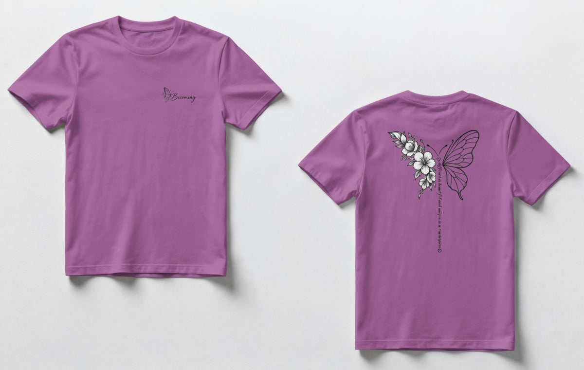 A light orchid  t-shirts shown side by side. The front has a small script logo on the chest, and the back has a black line-art butterfly with flowers and a vertical line of small text.”