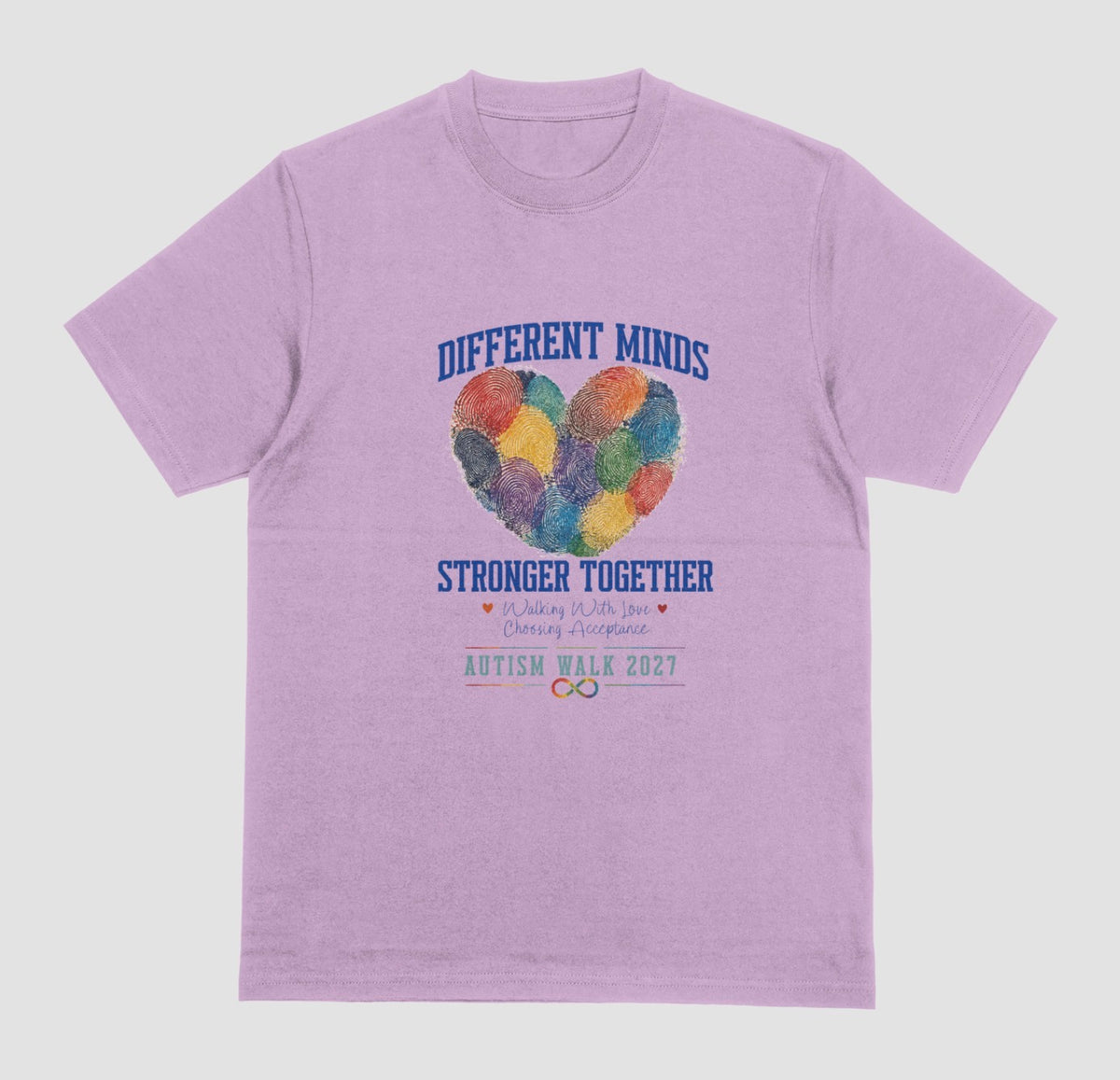 A lilac crewneck t-shirt featuring a graphic design for the 'Autism Walk 2027'. The design includes the text 'DIFFERENT MINDS STRONGER TOGETHER' in blue, a heart made of colorful fingerprint patterns in the center, and the 'Autism Walk 2027' logo at the bottom.