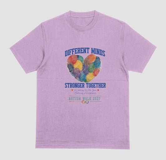 A lilac crewneck t-shirt featuring a graphic design for the 'Autism Walk 2027'. The design includes the text 'DIFFERENT MINDS STRONGER TOGETHER' in blue, a heart made of colorful fingerprint patterns in the center, and the 'Autism Walk 2027' logo at the bottom.