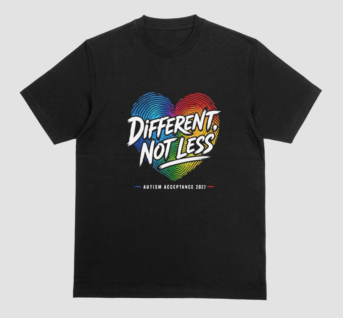 A black crewneck t-shirt featuring a colorful graphic on the chest. The graphic shows a heart made of blue and red fingerprint patterns with the text 'DIFFERENT, NOT LESS' in black and blue, and 'AUTISM ACCEPTANCE 2021' printed below in small black letters with red and blue accents.