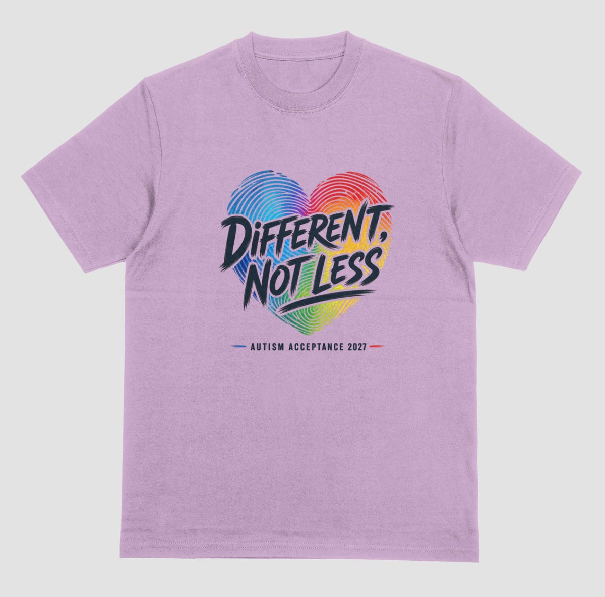 A lilac crewneck t-shirt featuring a colorful graphic on the chest. The graphic shows a heart made of blue and red fingerprint patterns with the text 'DIFFERENT, NOT LESS' in black and blue, and 'AUTISM ACCEPTANCE 2021' printed below in small black letters with red and blue accents.