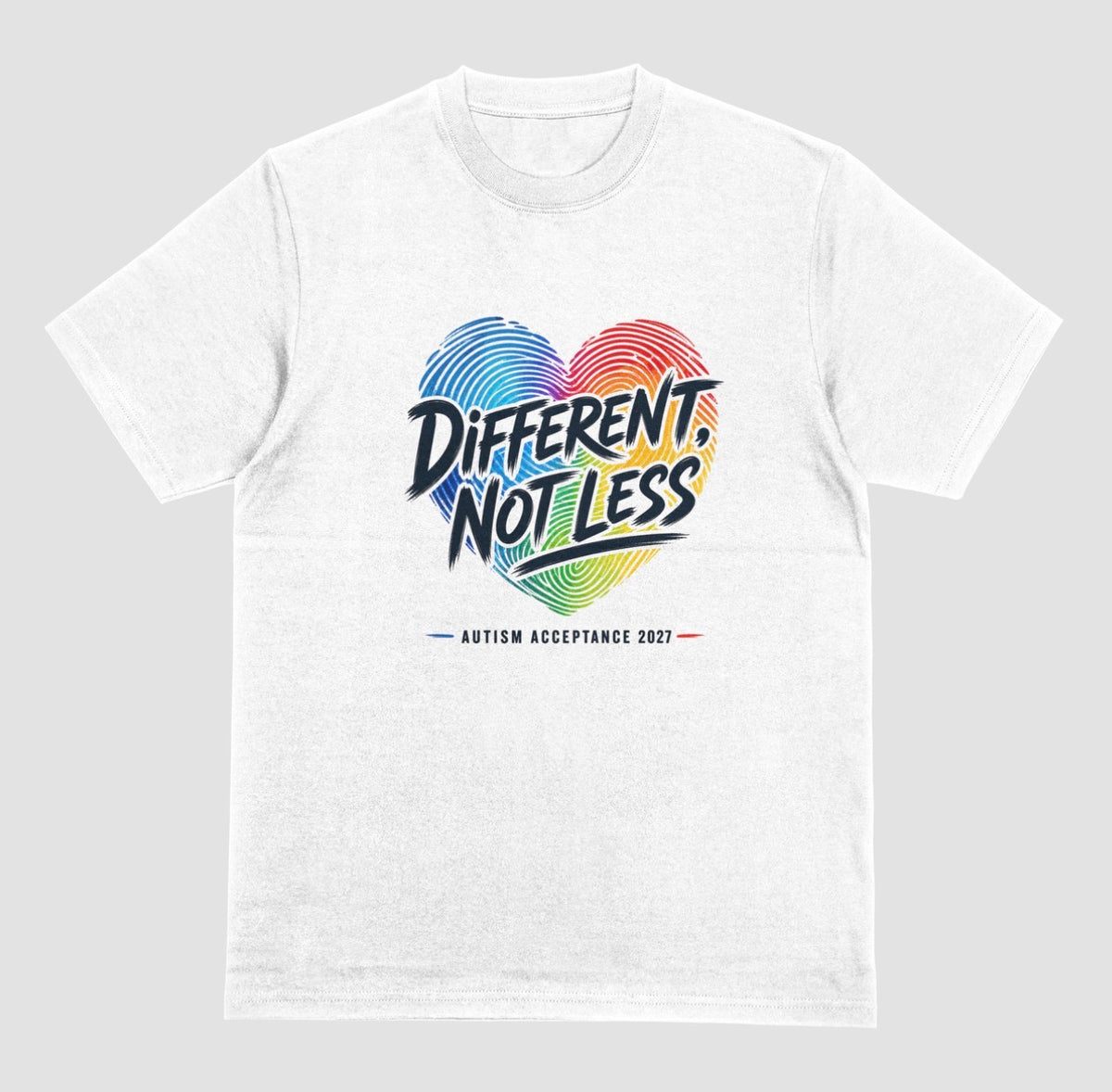 A white crewneck t-shirt featuring a colorful graphic on the chest. The graphic shows a heart made of blue and red fingerprint patterns with the text 'DIFFERENT, NOT LESS' in black and blue, and 'AUTISM ACCEPTANCE 2021' printed below in small black letters with red and blue accents.