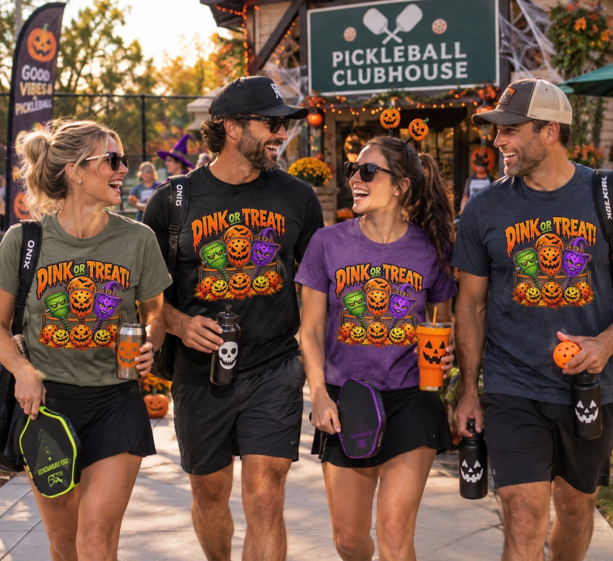 Four friends walking outside a pickleball clubhouse in Halloween decor, wearing “Dink or Treat!” pickleball t-shirts