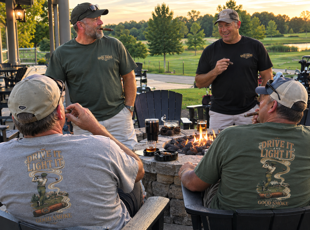 Four men wearing branded 't-shirt front and back views. Front chest features small text reading 'Good Swing, Good Smoke, Better Day.' Back features a large vintage-style illustration of a golfer mid-swing on a course, with a cigar in the foreground releasing swirling smoke that wraps around the text 'Drive It and Light It' at the top, with 'Good Swing,  gather around a fire pit on an outdoor patio at sunset. Two men are seated facing away, showing the back graphic, while two stand facing each other.
