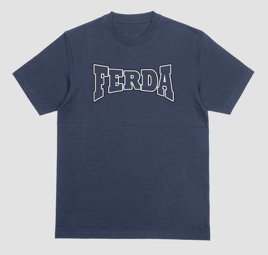 A navy blue FERDA crewneck t-shirt