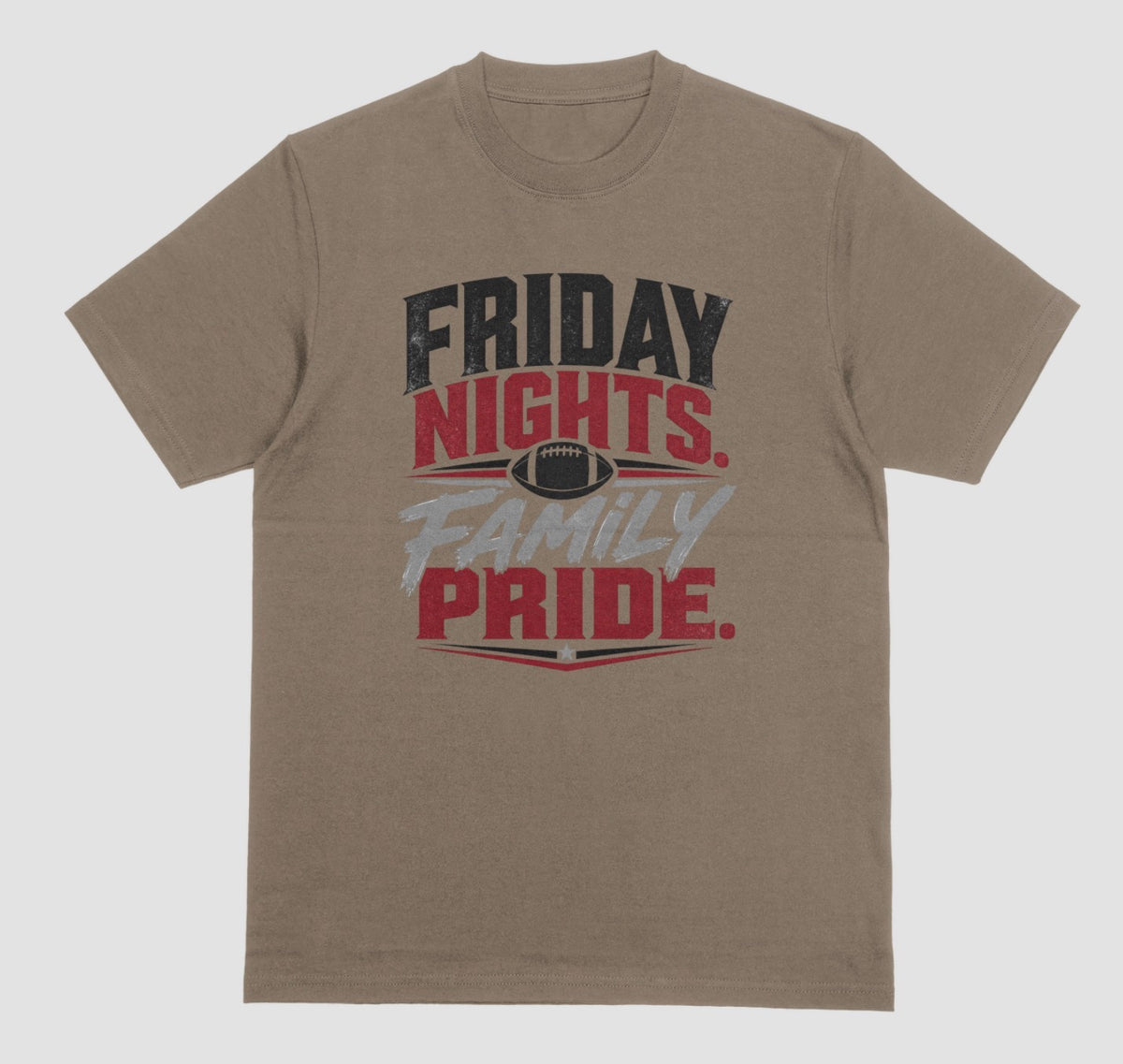 A brown savana short-sleeve crewneck t-shirt with a distressed graphic on the front reading 'FRIDAY NIGHTS. FAMILY PRIDE.