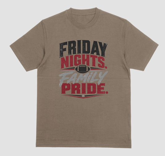 A brown savana short-sleeve crewneck t-shirt with a distressed graphic on the front reading 'FRIDAY NIGHTS. FAMILY PRIDE.