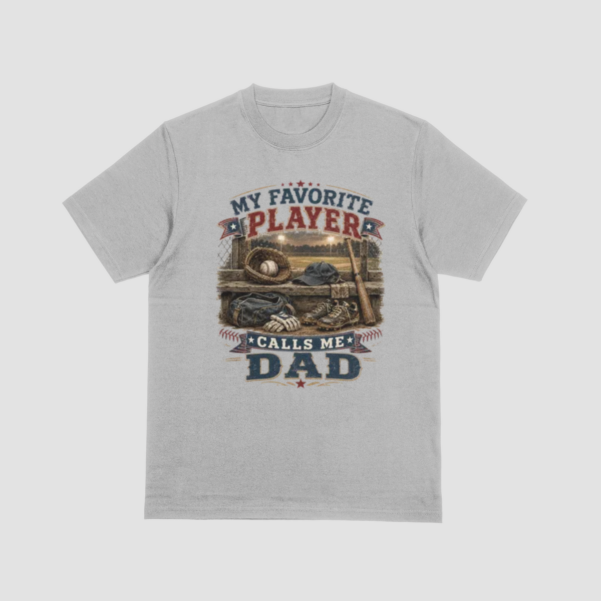 Grey flat lay — My Favorite Player Calls Me Dad baseball graphic t-shirt in grey