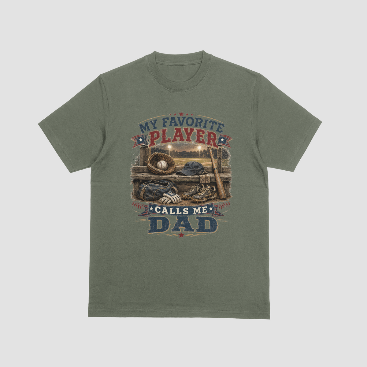 Military Green flat lay — My Favorite Player Calls Me Dad baseball graphic t-shirt in military green