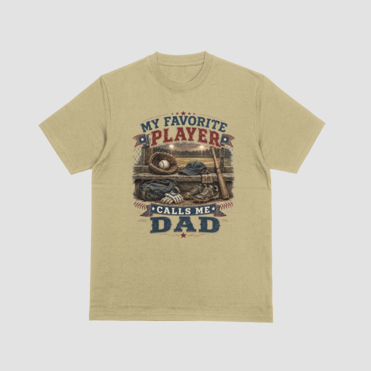 Sand flat lay — My Favorite Player Calls Me Dad baseball graphic t-shirt in sand