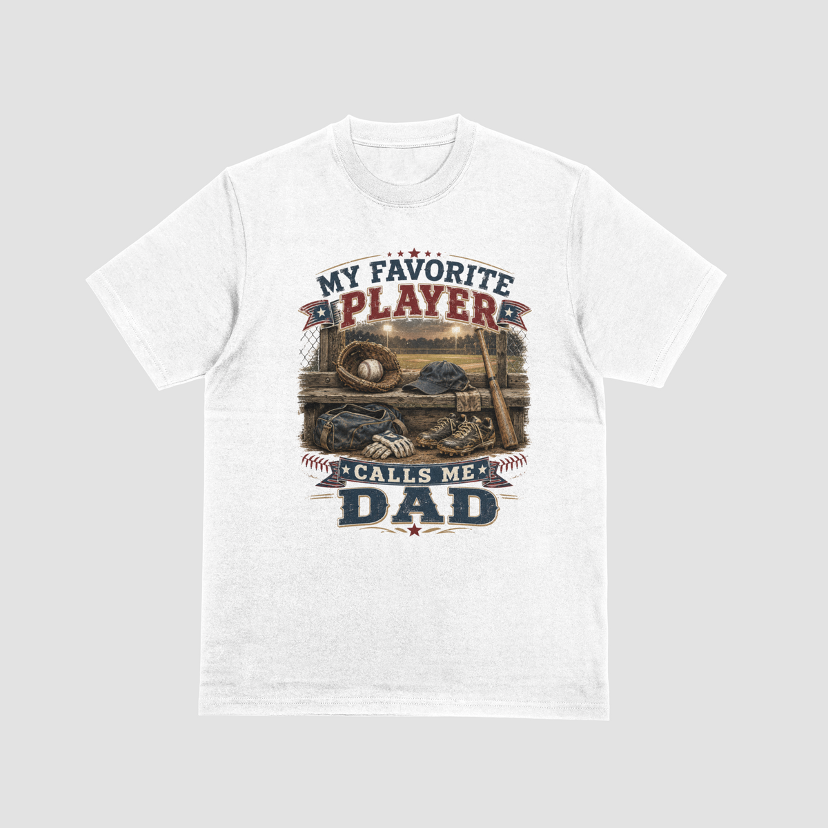 White flat lay — My Favorite Player Calls Me Dad baseball graphic t-shirt in white