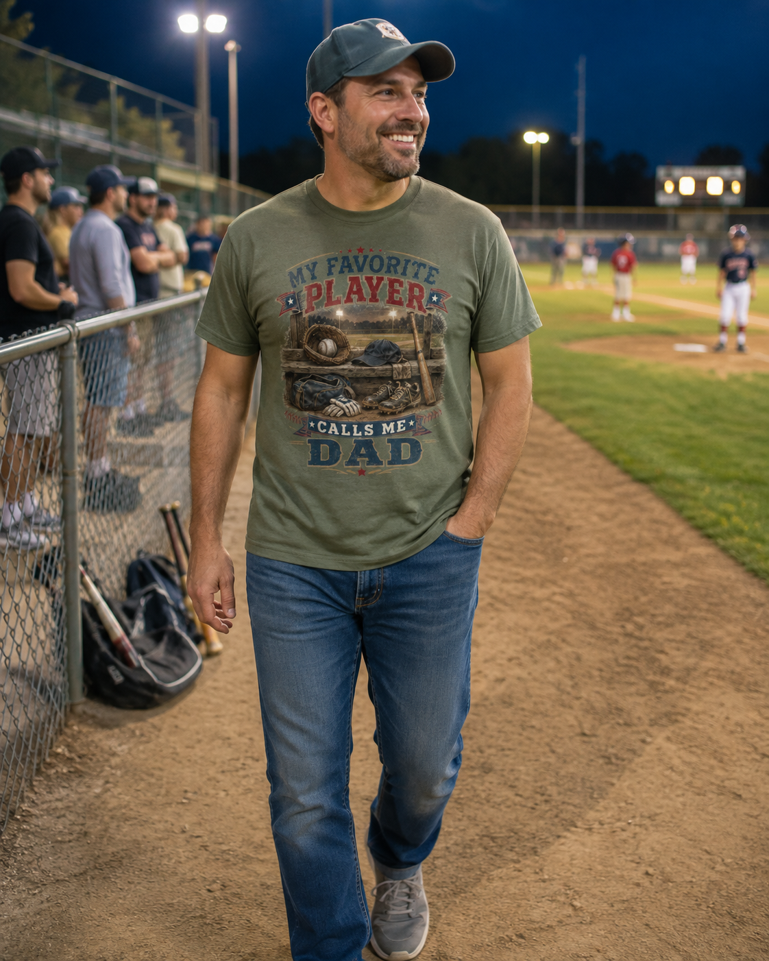 Lifestyle shot — Man wearing My Favorite Player Calls Me Dad shirt at a baseball field at night
