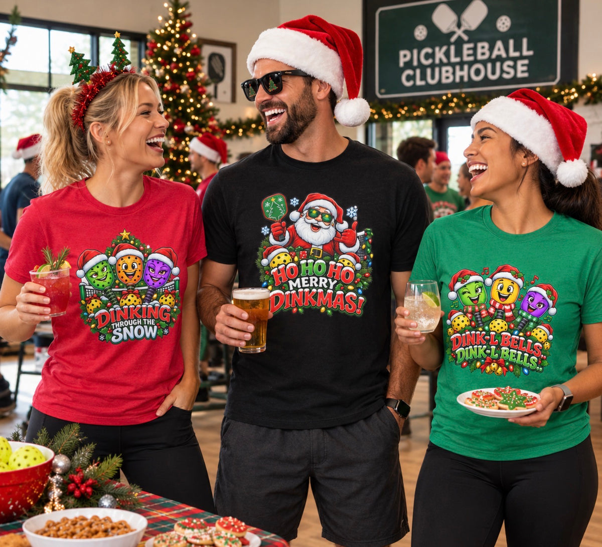 Three friends laughing in Santa hats at a pickleball clubhouse holiday party, wearing red, black, and green Christmas pickleball t-shirts
