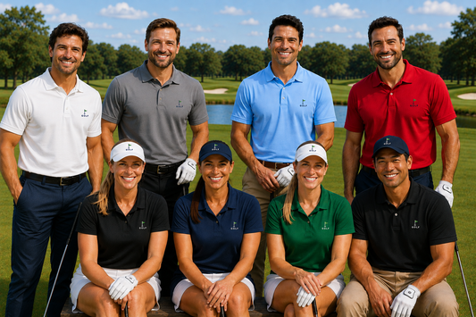 Eight golfers posing together on a golf course, wearing matching polo shirts in white, gray, light blue, red, black, navy, green, and dark gray, each with a small golf flag logo on the left chest,  logo on the chest.