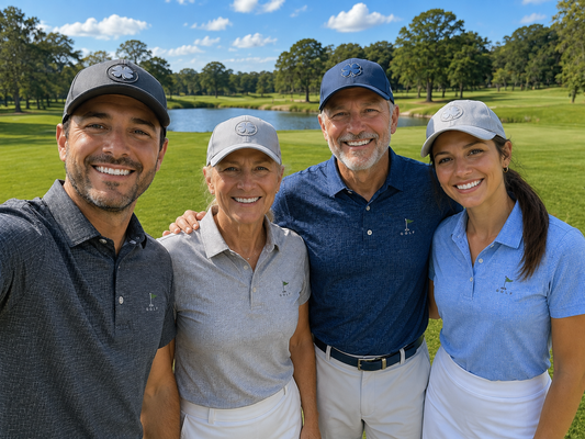 Four smiling adults posing together on a golf course, wearing matching light blue and gray short-sleeve Premium Golf Performance Polo shirt in a light blue and white micro-check pattern, featuring a green golf flag and GOLF lettering from Where We Play Apparel