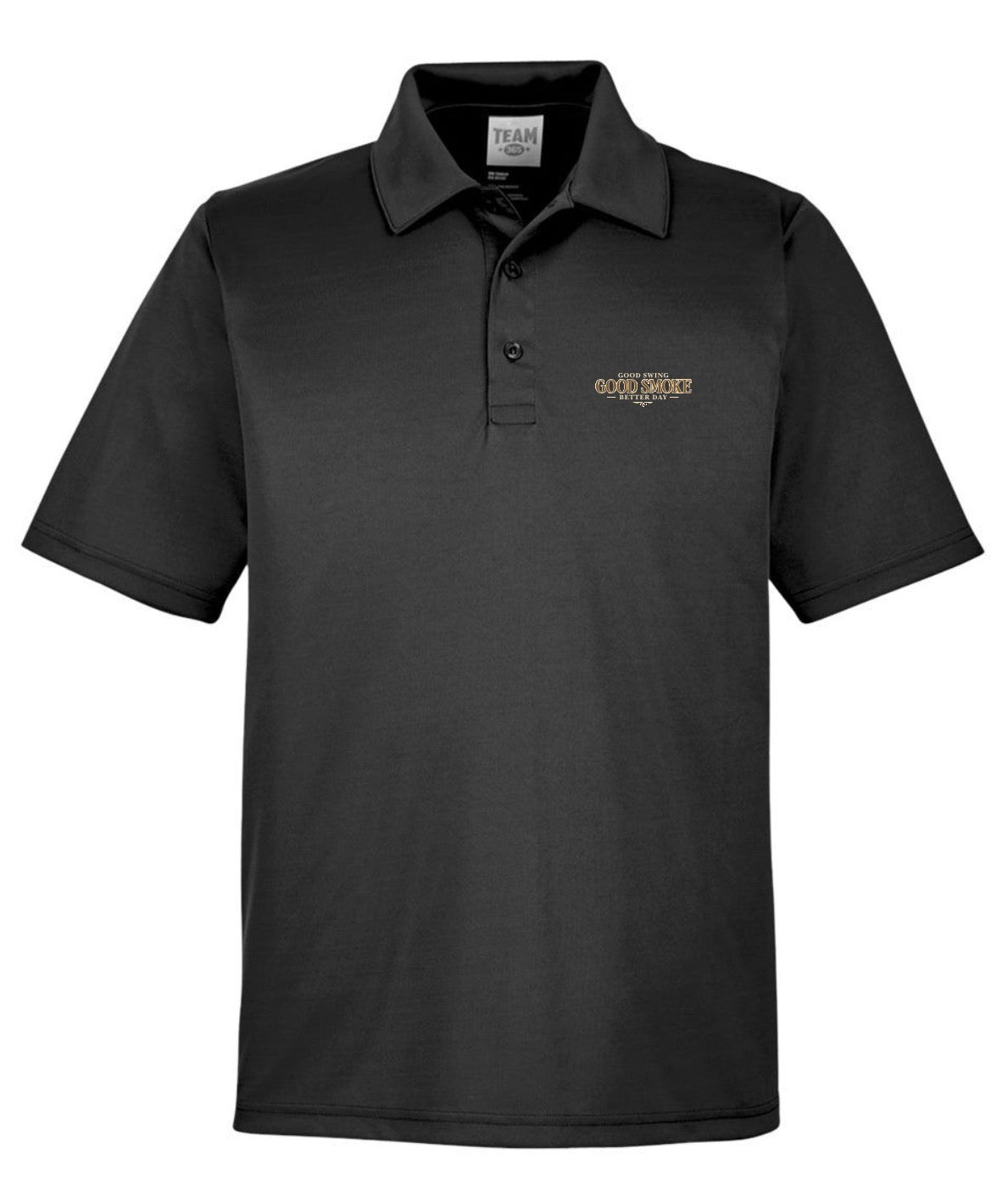 A black performance polo shirt, front view, with small left chest text reading 'Good Swing, Good Smoke, Better Day.'
