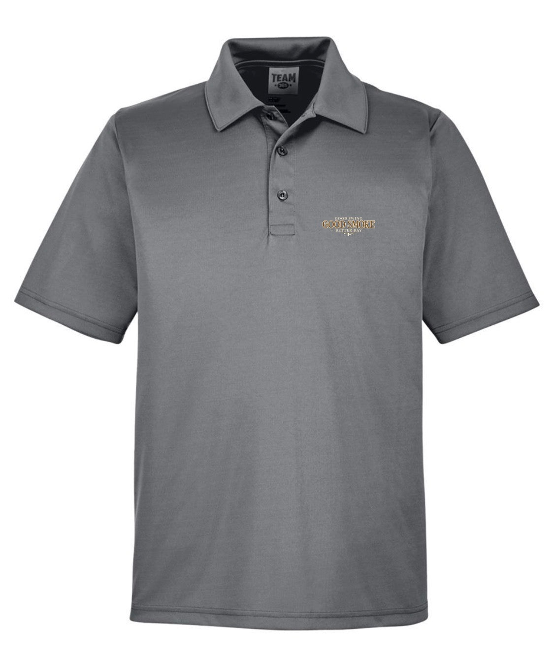 A graphite performance polo shirt, front view, with small left chest text reading 'Good Swing, Good Smoke, Better Day.'