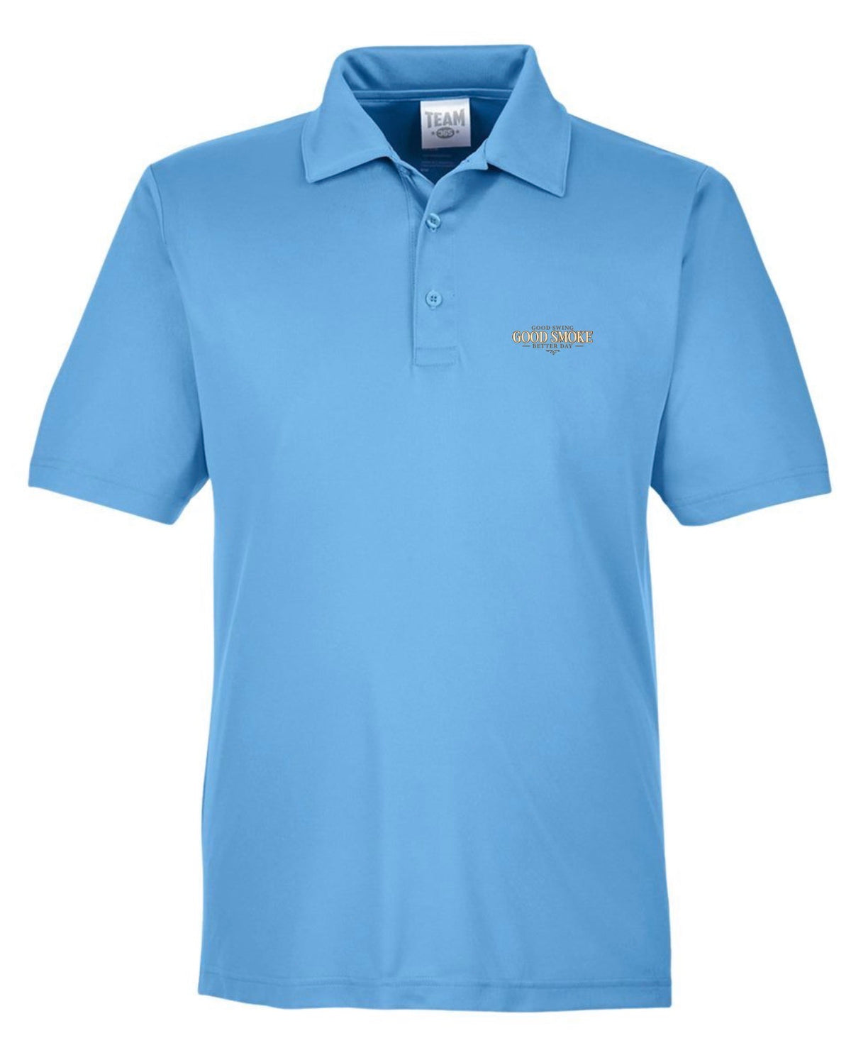 A light blue performance polo shirt, front view, with small left chest text reading 'Good Swing, Good Smoke, Better Day.'"
