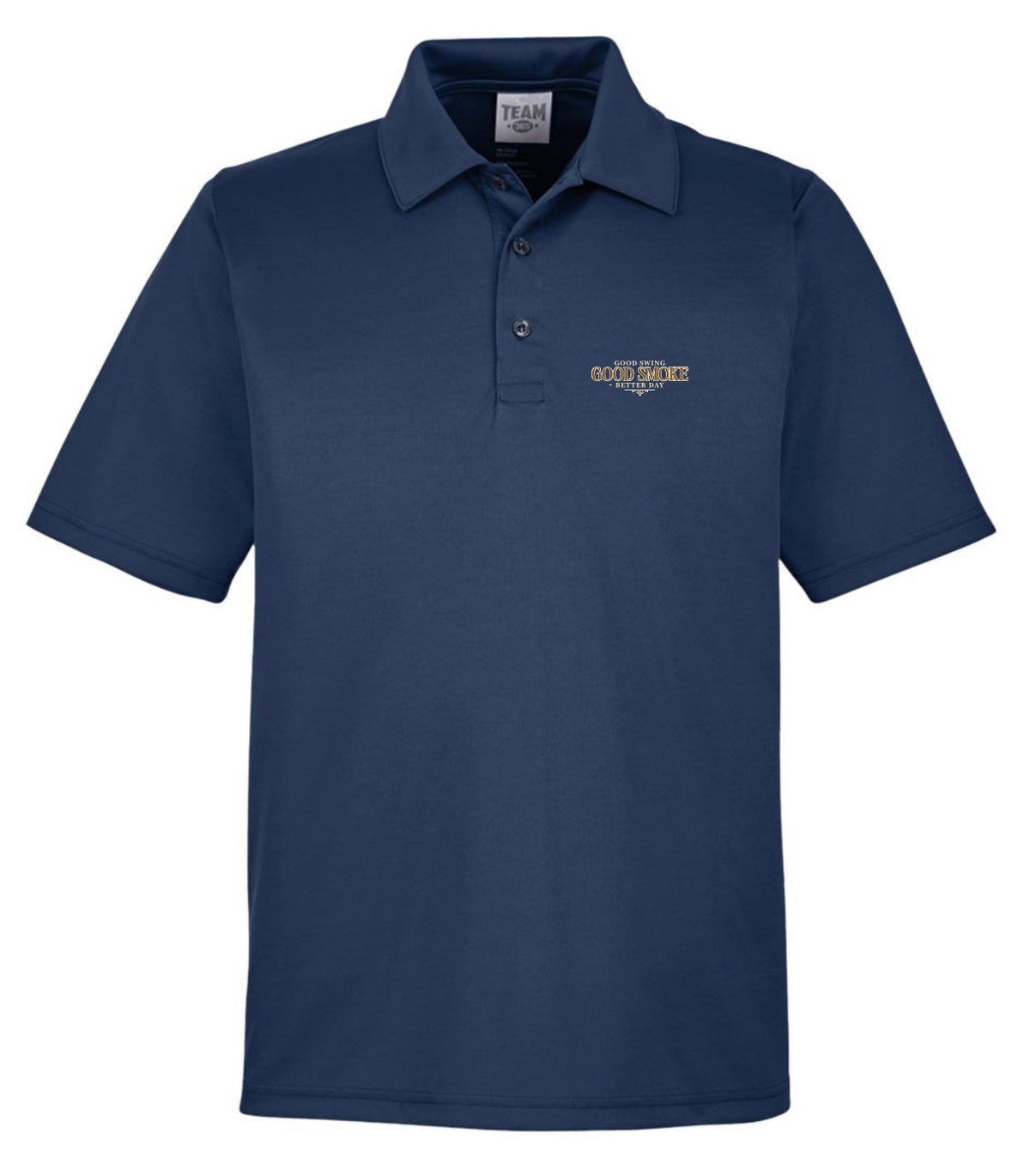 A navy blue performance polo shirt, front view, with small left chest text reading 'Good Swing, Good Smoke, Better Day.'