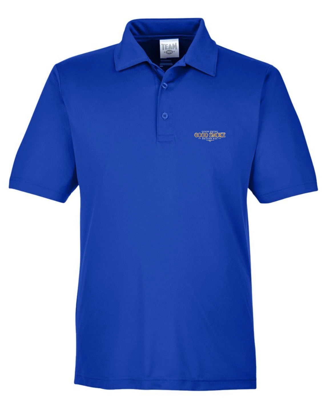 A royal blue performance polo shirt, front view, with small left chest text reading 'Good Swing, Good Smoke, Better Day.'
