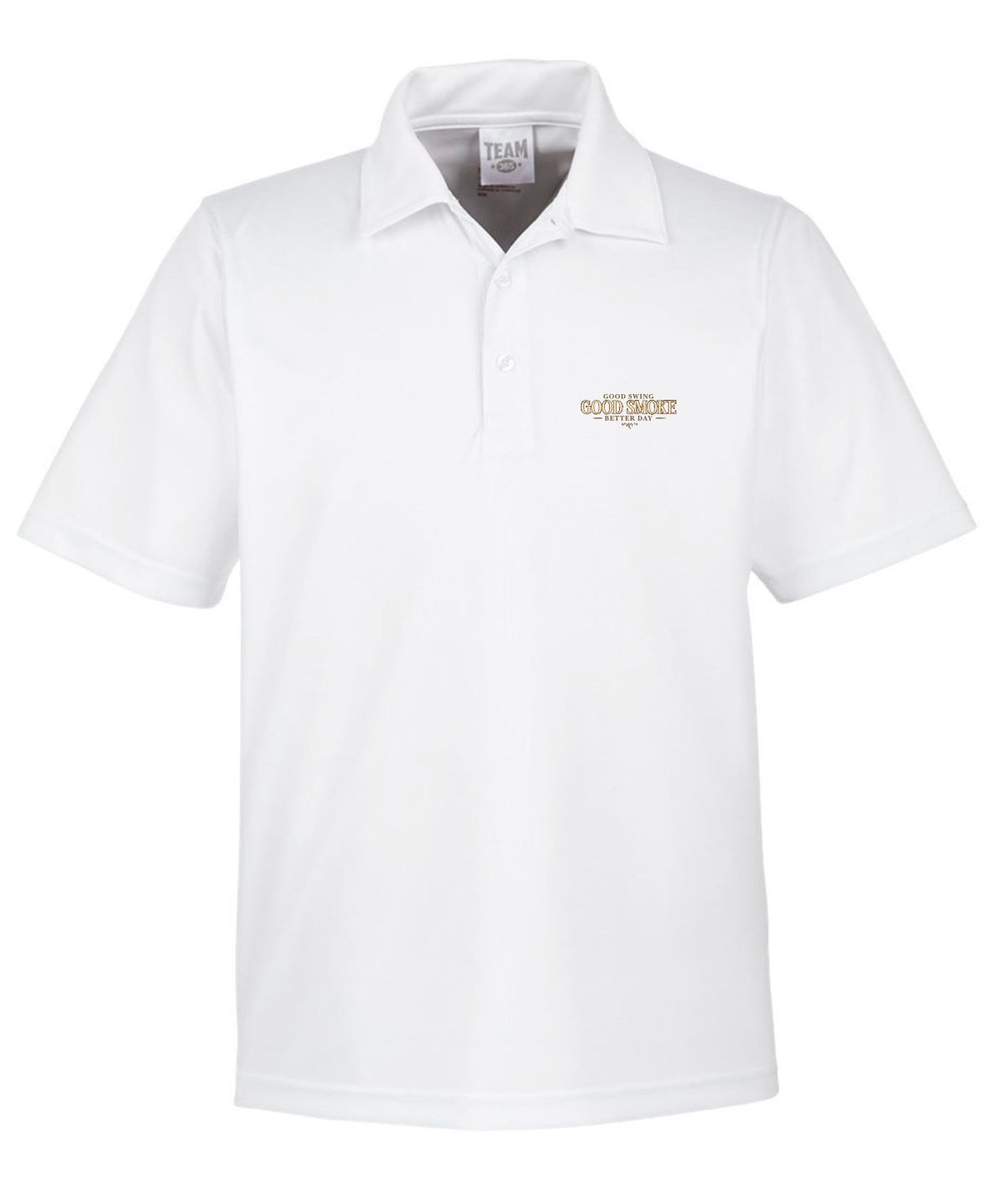 A white performance polo shirt, front view, with small left chest text reading 'Good Swing, Good Smoke, Better Day.'