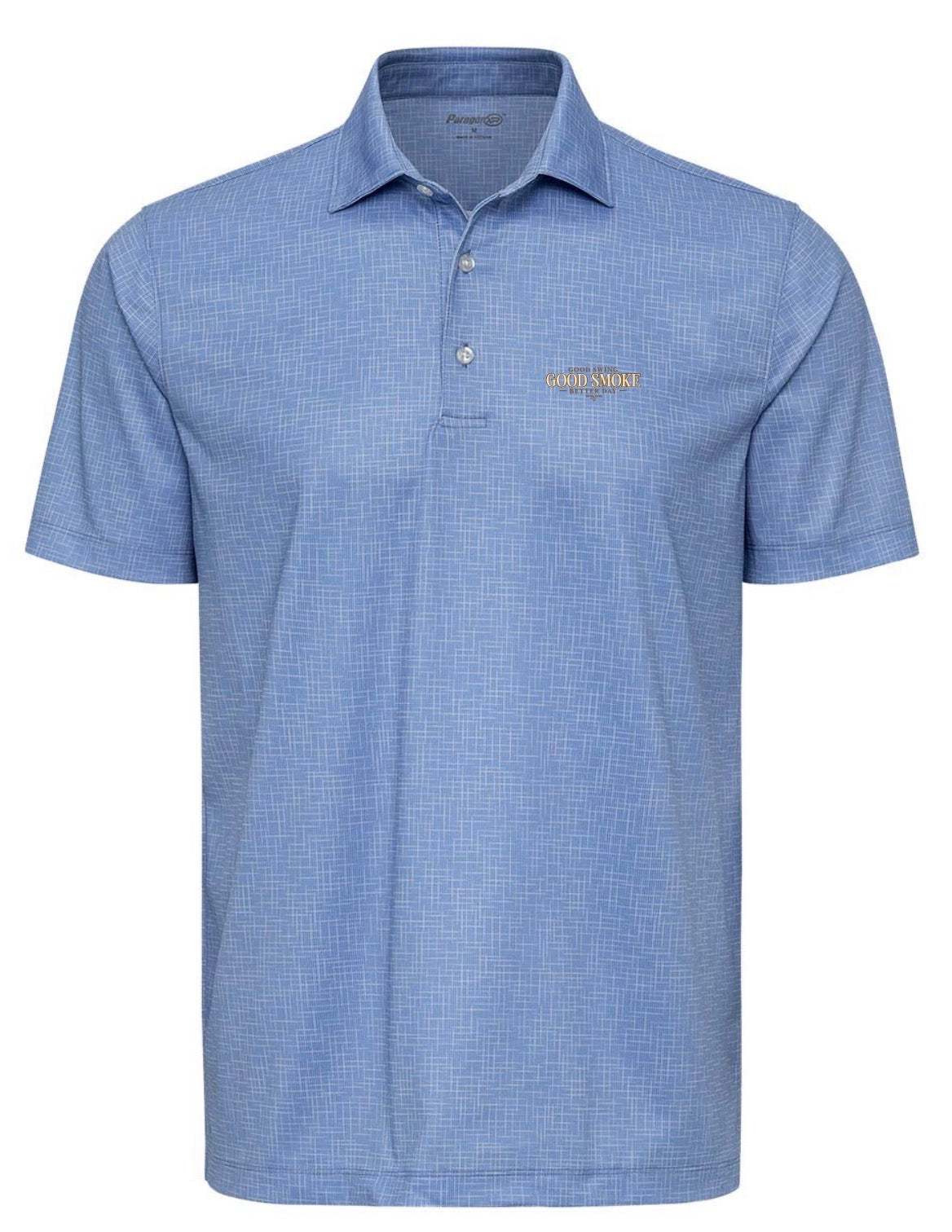 A blue sky crosshatch-patterned premium performance polo shirt, front view, with small left chest text reading 'Good Swing, Good Smoke, Better Day.'