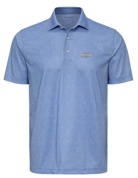 A blue sky crosshatch-patterned premium performance polo shirt, front view, with small left chest text reading 'Good Swing, Good Smoke, Better Day.'
