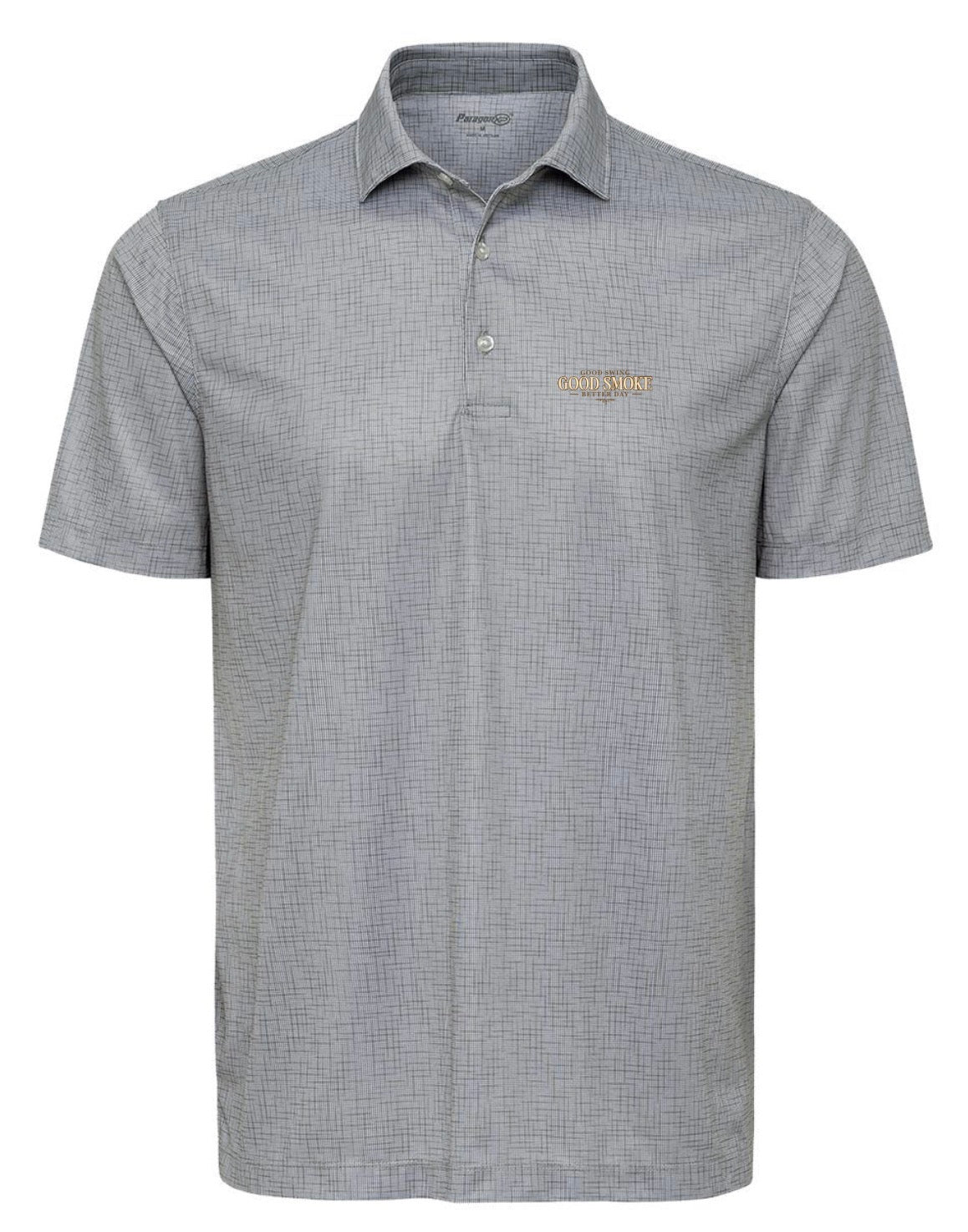 A cool grey crosshatch-patterned premium performance polo shirt, front view, with small left chest text reading 'Good Swing, Good Smoke, Better Day.'