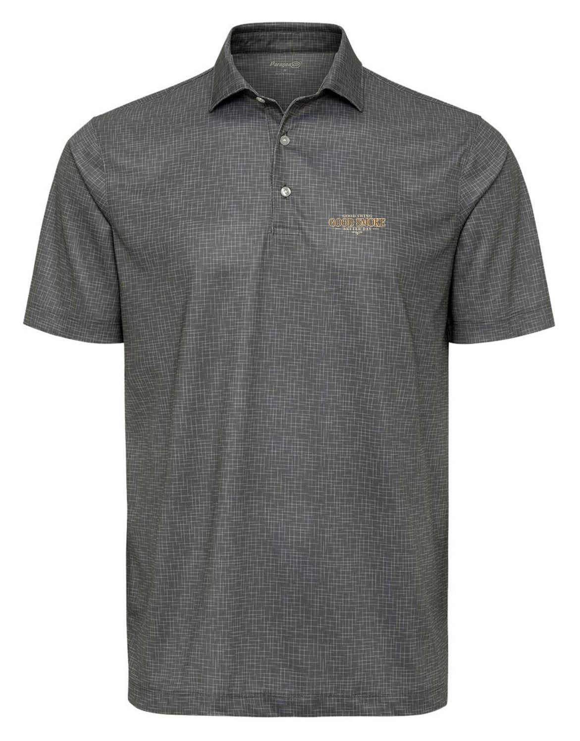 A dark grey crosshatch-patterned premium performance polo shirt, front view, with small left chest text reading 'Good Swing, Good Smoke, Better Day.'